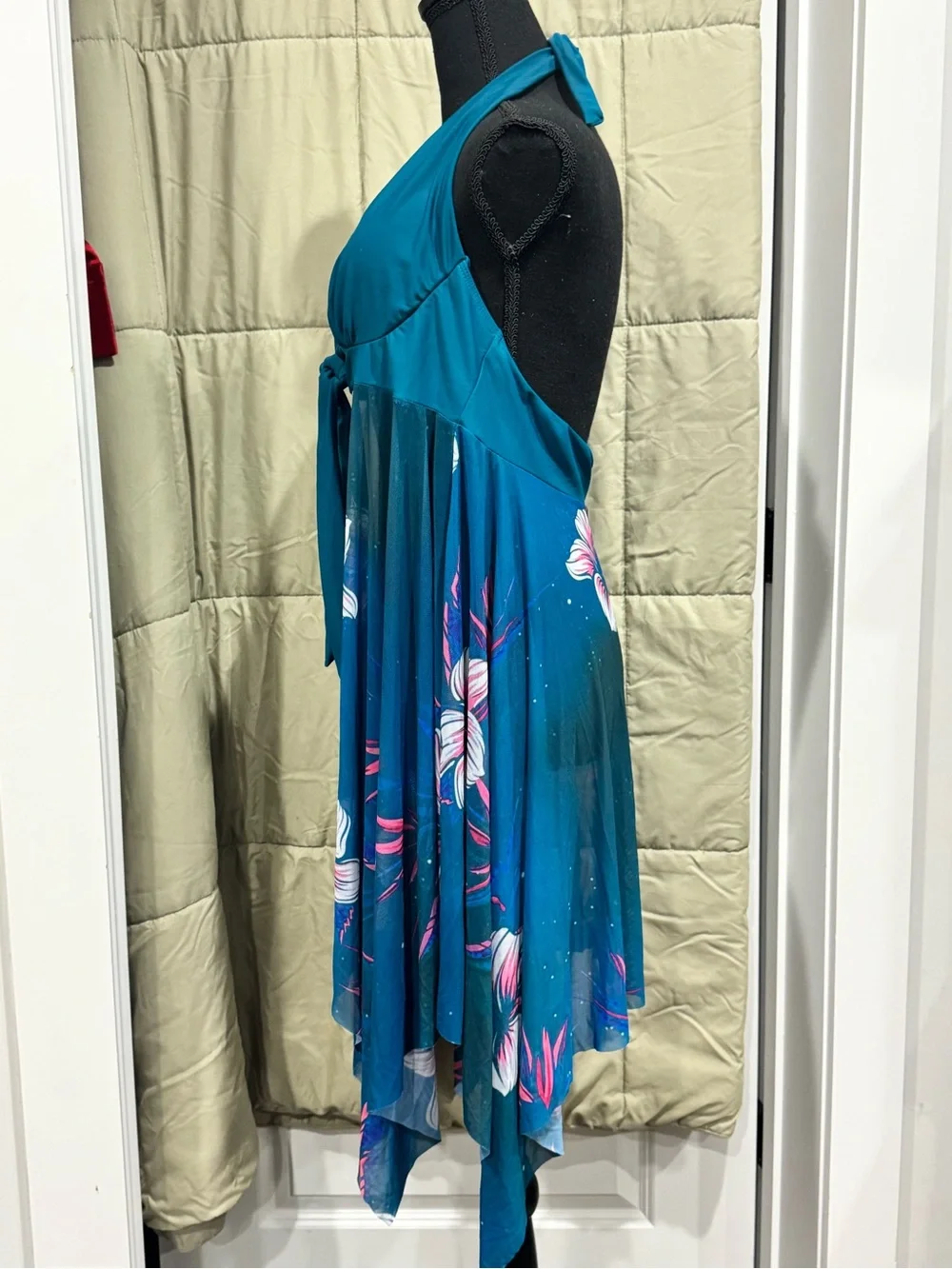Teal Floral Halter Handkerchief Dress